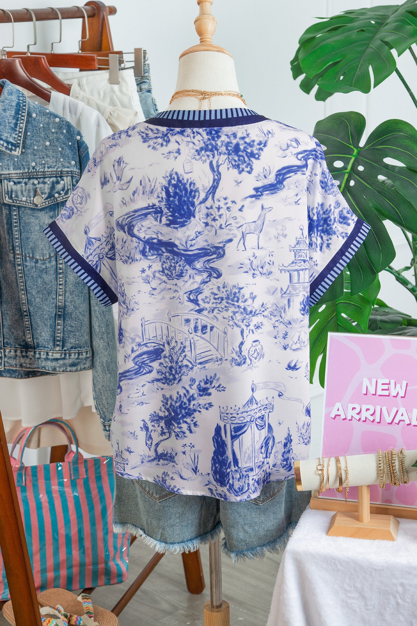 Blue Wild Animal Paradise Striped Trim V Neck Short Sleeve Blouse