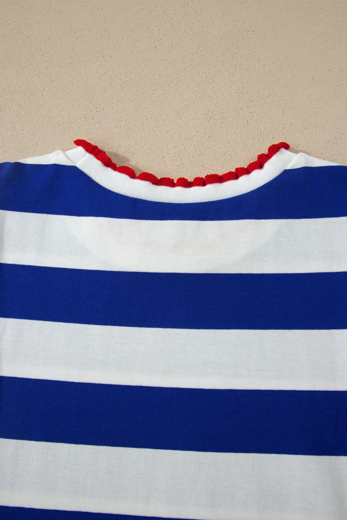 Blue Stripe Contrast Trim Round Neck Short Puff Sleeve Shift Mini Dress