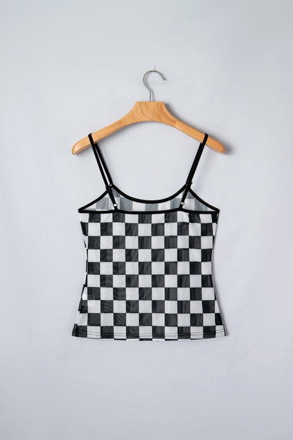 Black Sheer Checkered Print Spaghetti Straps Slim Tank Top