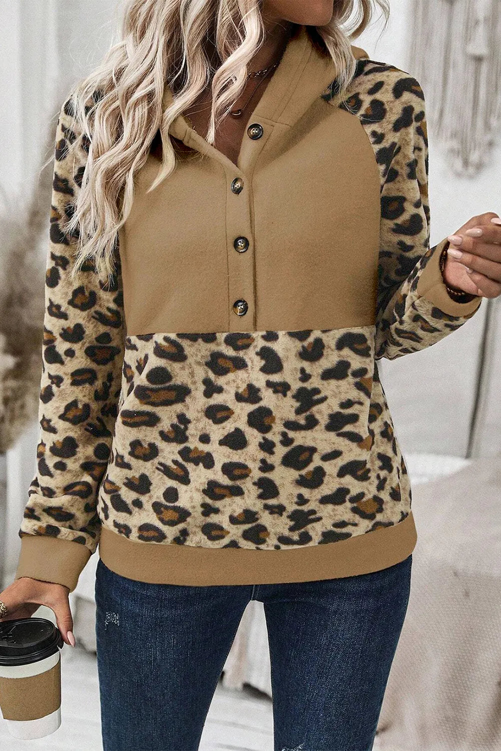 Light French Beige Leopard Print Patchwork Raglan Sleeve Half Buttons Hoodie - Chic Meadow Boutique 