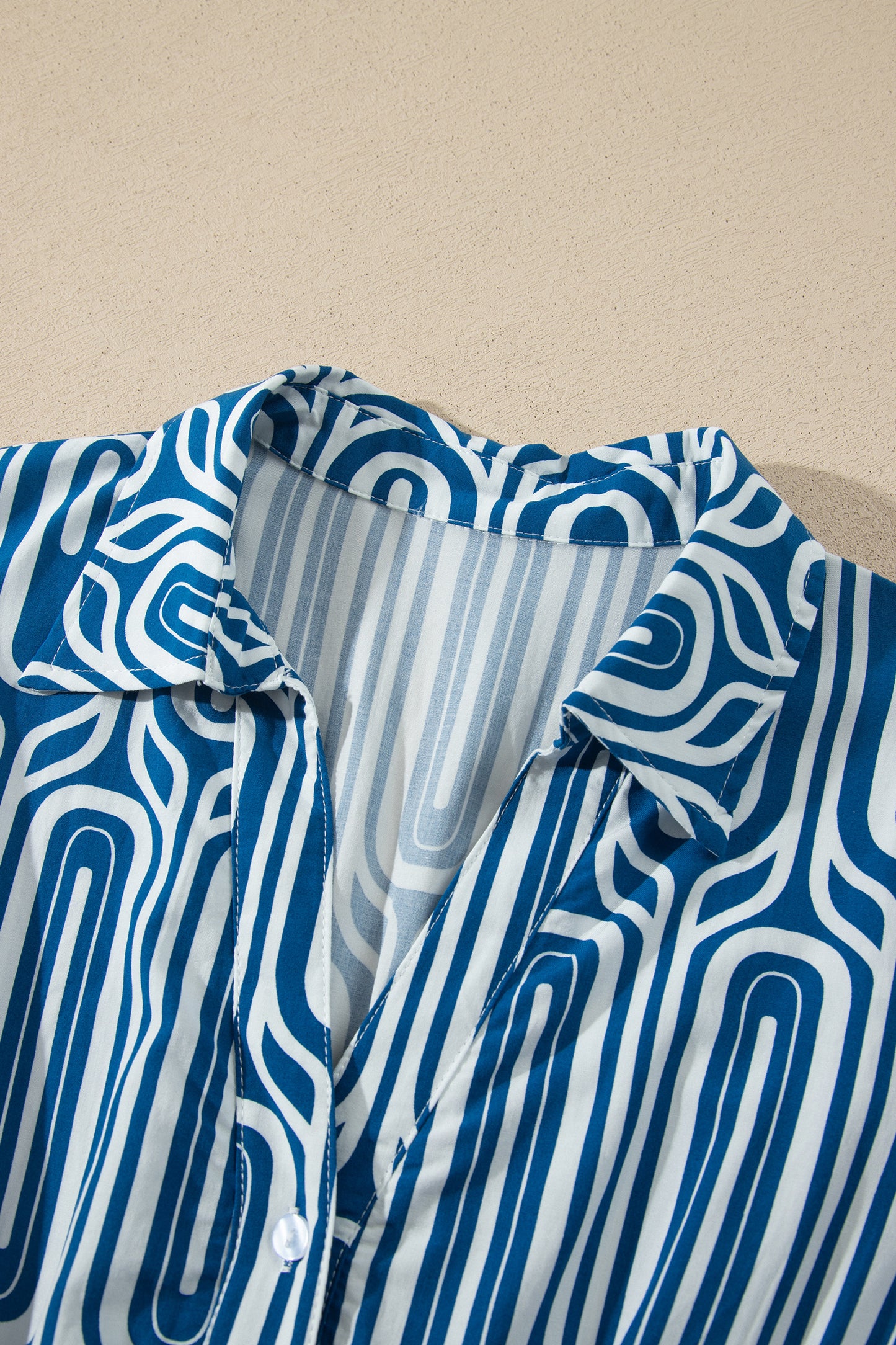 Blue Geometric Print Short Sleeve Drawstring Shirt Collar Dress