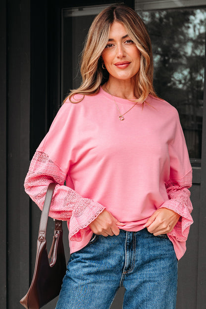 Sachet Pink Drop Shoulder Lace Ruffled Sleeve Patchwork Loose Sweatshirt