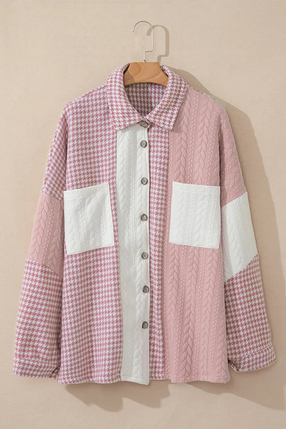 Pink Houndstooth Color Contrast Textured Patchwork Loose Shacket - Chic Meadow Boutique 