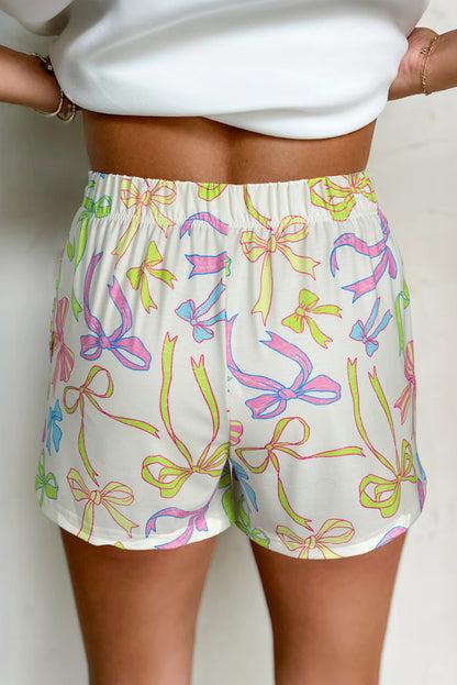 White Cheerful Bow Print Elastic Pull On Casual Shorts