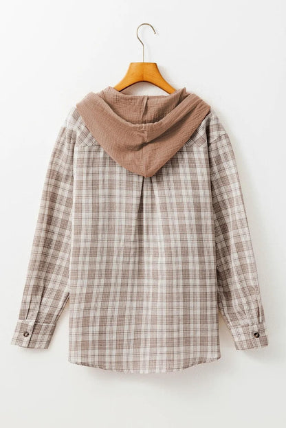 Outerwear/Plaid Shackets Khaki Checkered Print Loose Fit Buttoned Hooded Shacket