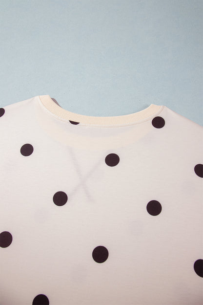 Beige Round Neck Long Sleeve Polka Dot Plus Size Top