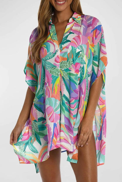 Swimwear/Beach Cover-ups Multicolor / ONE SIZE / 100%Polyester Multicolor Plant Print Button-up Half Sleeve Beach Cover Up