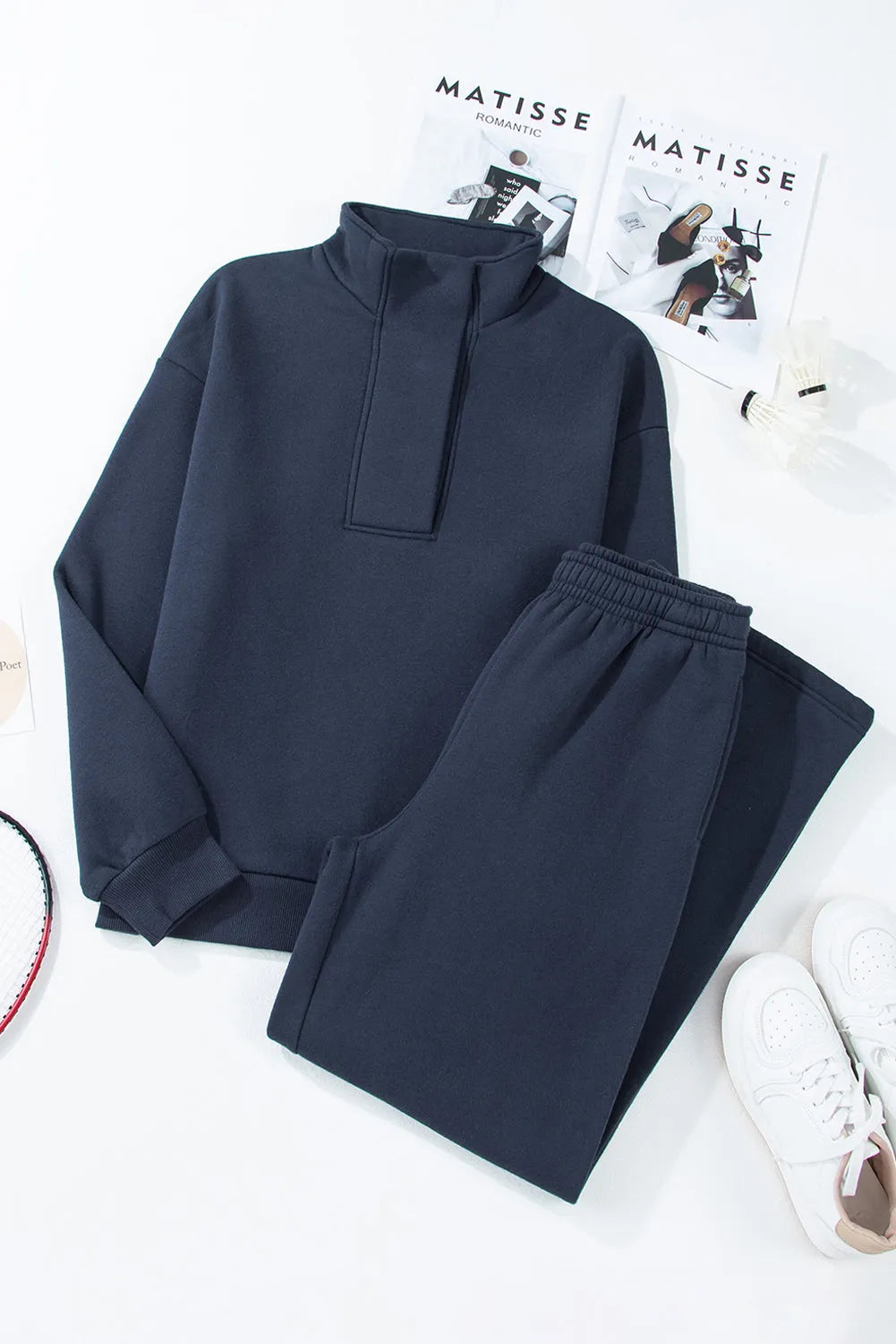 Navy Blue Solid Color Collared Sweatshirt and High Waist Pants Set - Chic Meadow Boutique 