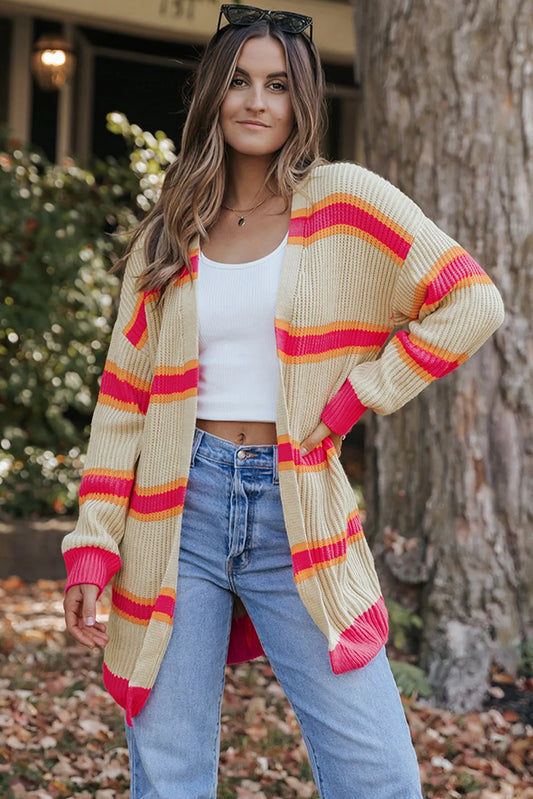 Stripe Printed Ribbed Long Knitted Cardigan - Chic Meadow Boutique 