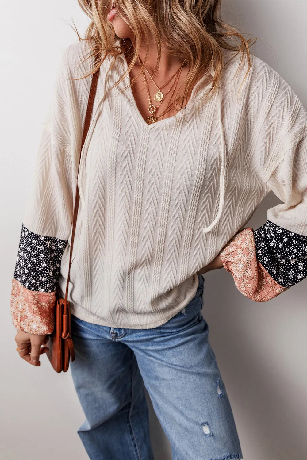 Beige Floral Patchwork Textured Knit Drawstring V Neck Blouse - Chic Meadow Boutique 