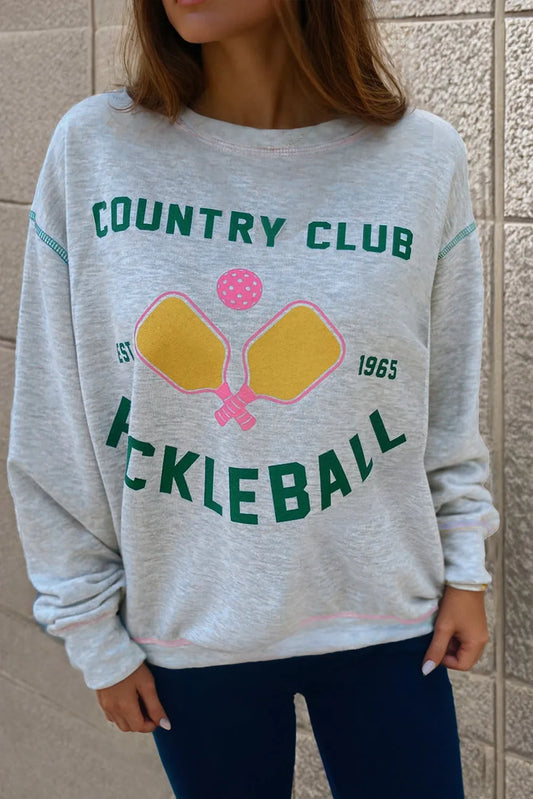 Light Grey COUNTRY CLUB PICKLEBALL Graphic Exposed Stitching Casual Sweatshirt - Chic Meadow Boutique 