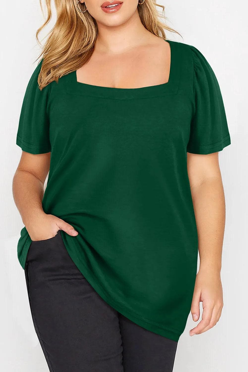 Plus Size/Plus Size Tops/Plus Size Tops & Tees Green Plus Size Square Neck Ruched Shoulder Short Sleeve Top