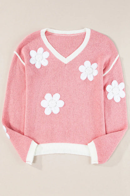 Pink Flower V Neck Dropped Shoulder Sweater - Chic Meadow Boutique 