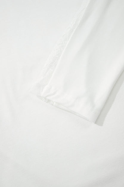 White Lace Patchwork Round Neck Casual Long Sleeve Top