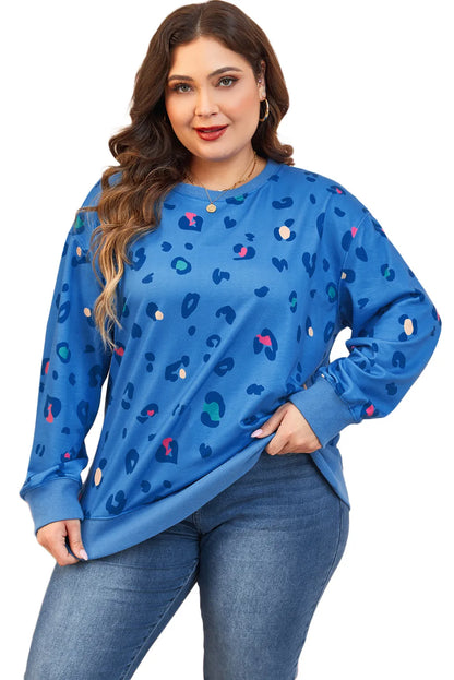 Sky Blue Leopard Ribbed Edge Drop Shoulder Pullover Sweatshirt - Chic Meadow Boutique 