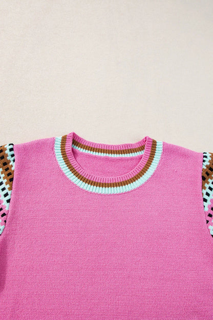 Bright Pink Contrast Printed Cap Sleeves Crewneck Sweater - Chic Meadow Boutique 