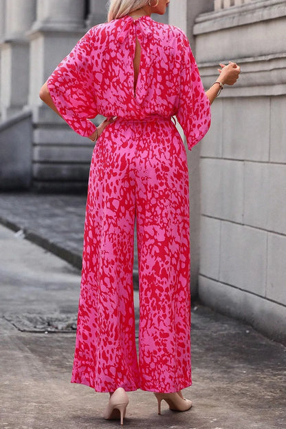 Rose Leopard Loose Sleeve Belted Wide Leg Jumpsuit - Chic Meadow Boutique 