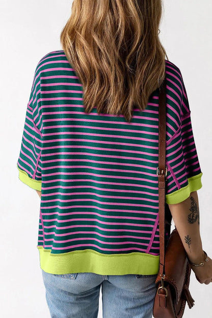 Tops/Tops & Tees Green Contrast Trim Exposed Seam High Low Stripe T Shirt