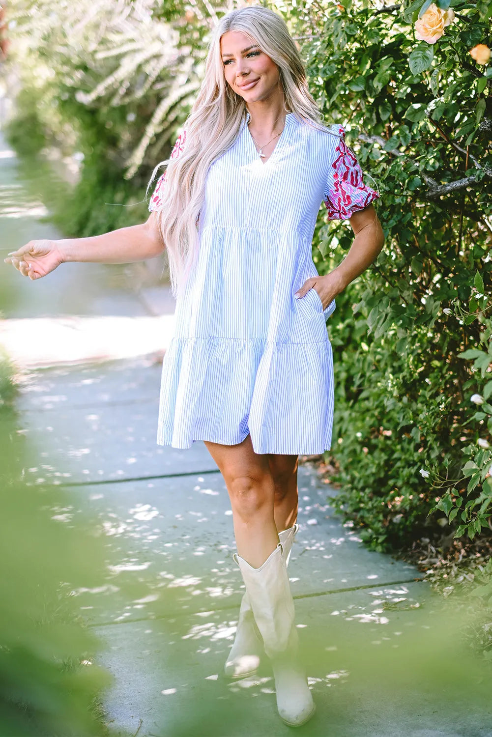 Sky Blue Stripe Contrast Floral Puff Sleeve Tiered Ruffle Dress - Chic Meadow Boutique 