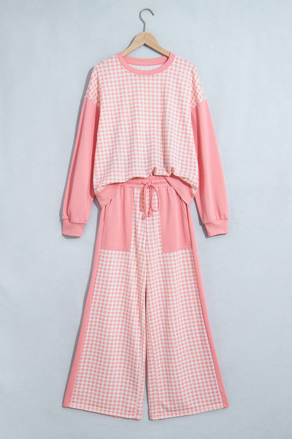 Pink Color Block Plaid Patchwork Long Sleeve Pullover Wide Leg Pant Set