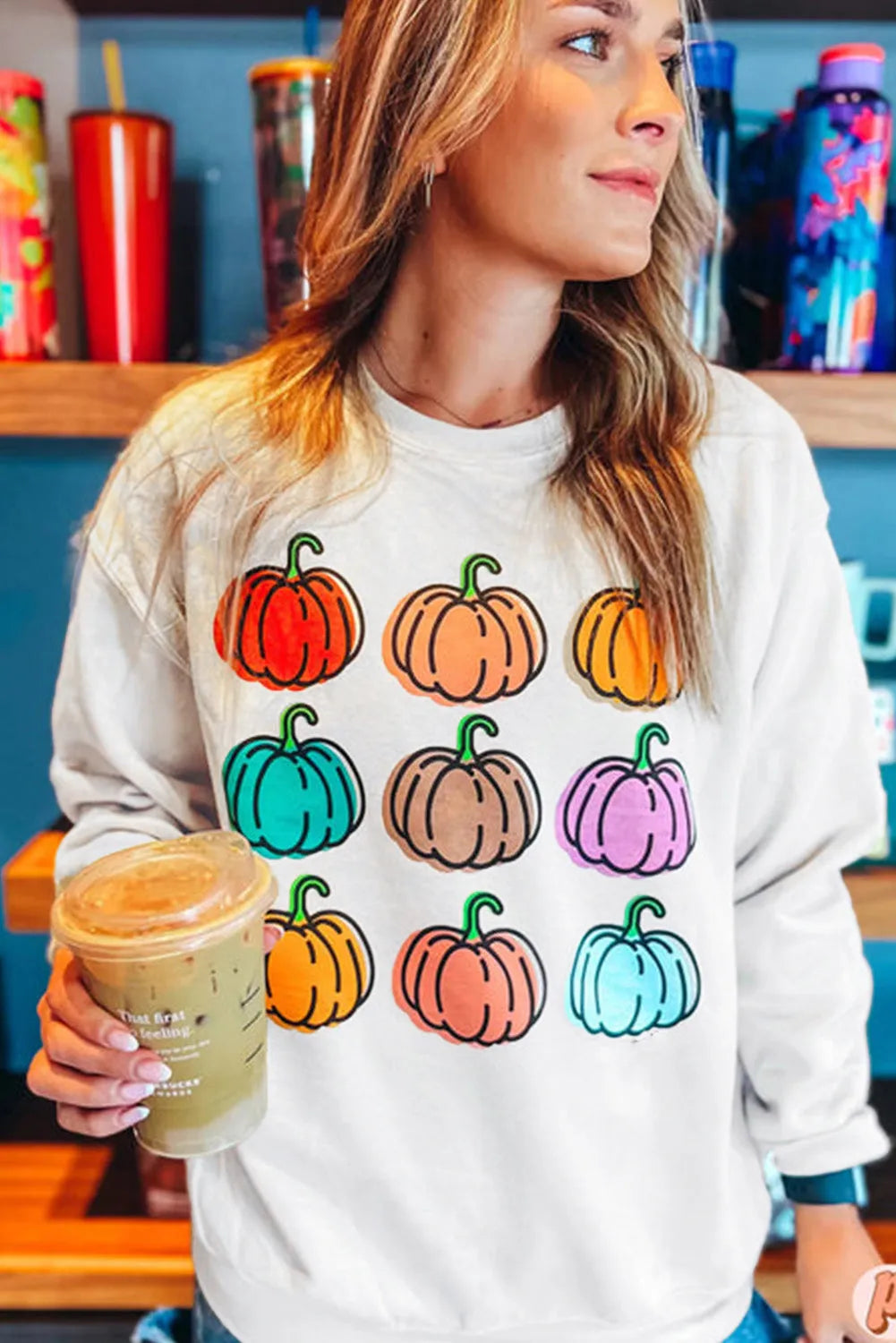 Beige Vibrant Pumpkins Print Crew Neck Halloween Sweatshirt - Chic Meadow Boutique 