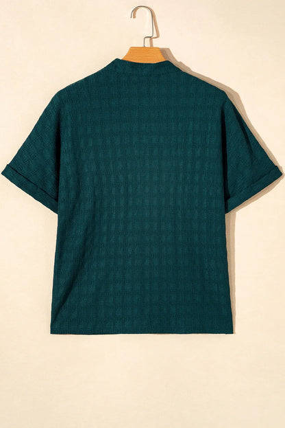 Sea Green Solid Textured Split Neck Short Sleeve Blouse - Chic Meadow Boutique 