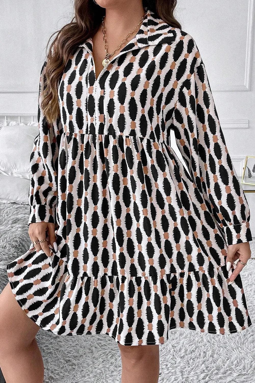 Plus Size/Plus Size Dresses/Plus Size Mini Dresses Apricot Geometric Print Collared V Neck Plus Size Mini Dress