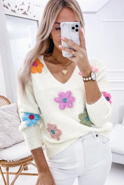 White Crochet Flower V Neck Sweater - Chic Meadow Boutique 