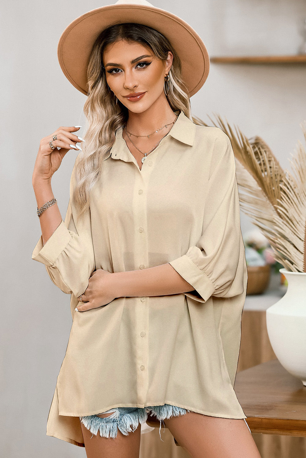 Apricot 3/4 Puff Sleeve Oversize Shirt