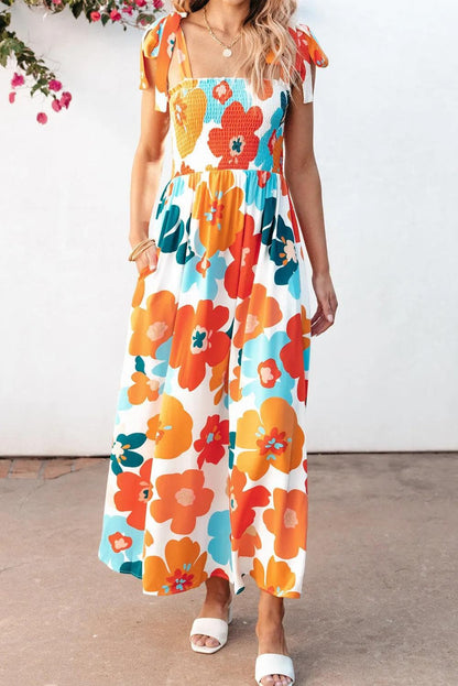 Dresses/Floral Dresses Orange Floral Self Tied Straps Smocked Bust Maxi Dress