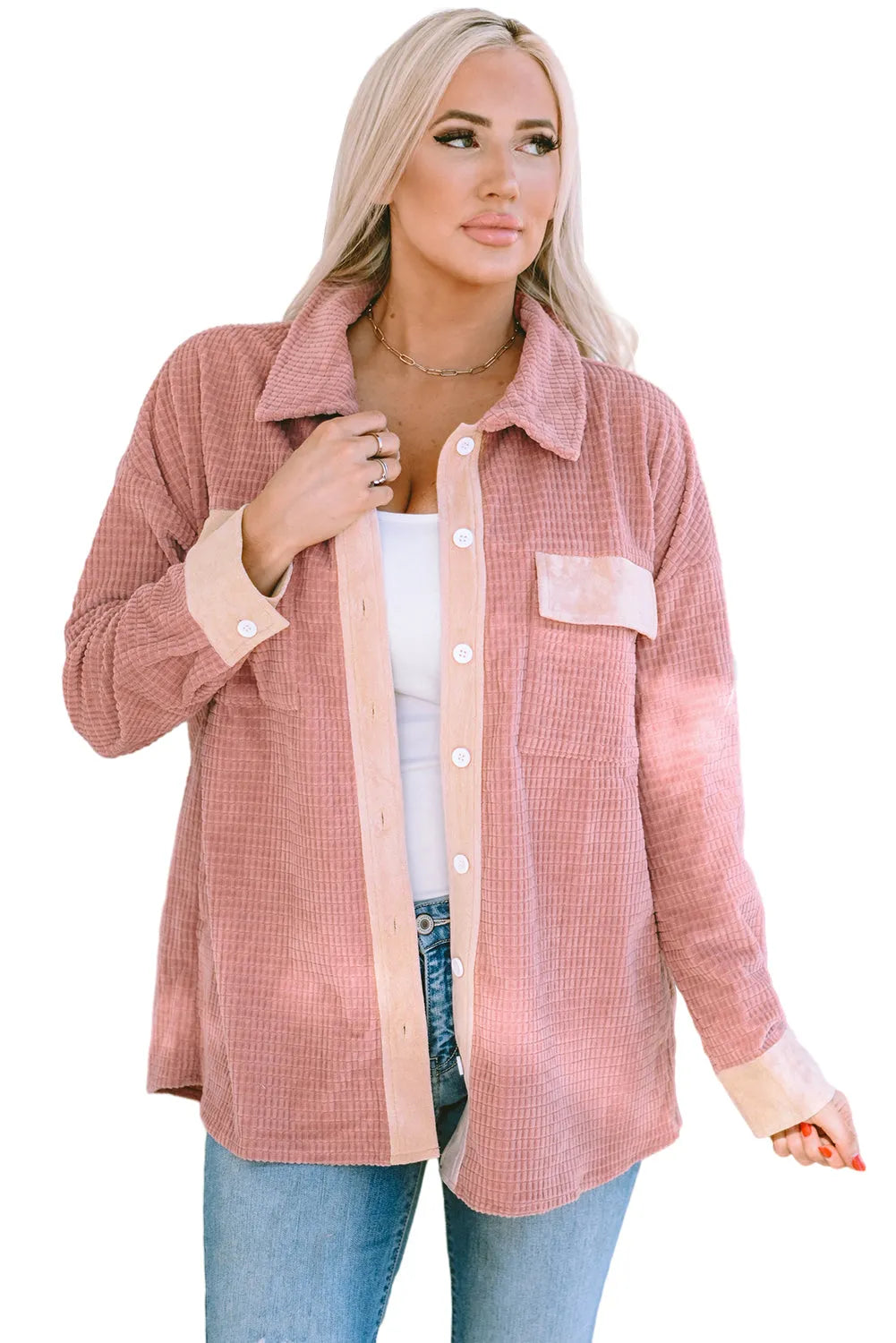 Peach Blossom Flap Pockets Drop Shoulder Textured Shacket - Chic Meadow Boutique 