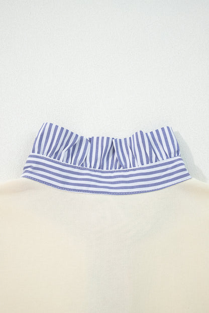 White Button Striped Collar Patchwork Puff Sleeve Sweatshirt