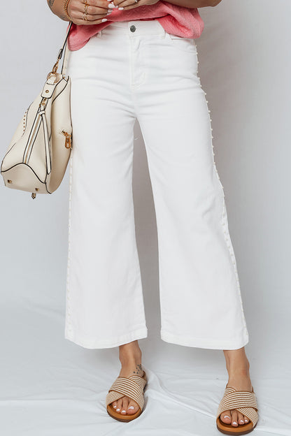 White Pearl Embellished Side Seam Ankle-length Shift Jeans