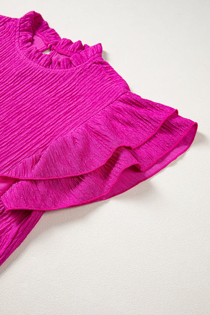 Rose Red Solid Color Textured Ruffle Trim Short Sleeve Blouse