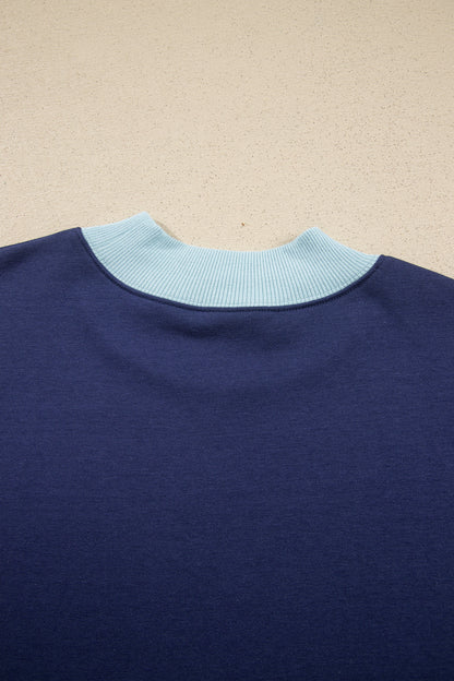Dirty blue Colorblock Trim Crewneck Long Sleeve Pullover Sweatshirt