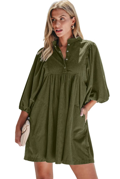 Vineyard Green Corduroy Snap Buttons Empire Waist Bracelet Sleeve Dress - Chic Meadow Boutique 