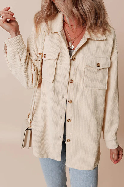 Oatmeal Corduroy Flap Pocket Button Up Shacket - Chic Meadow Boutique 