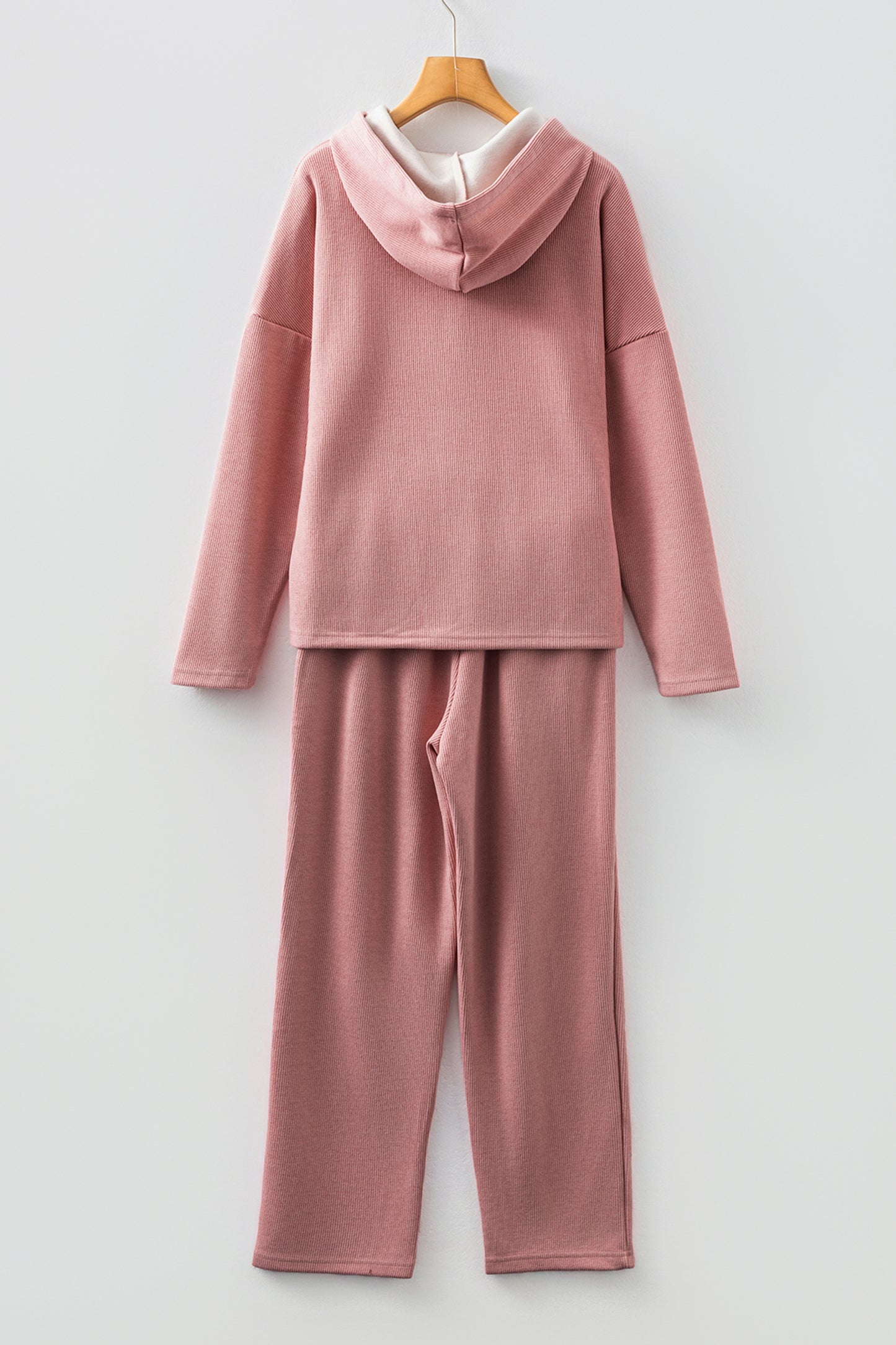 Rose Tan Lace Drawstring Pullover Hoodie and High Waist Pants Corduroy Suit
