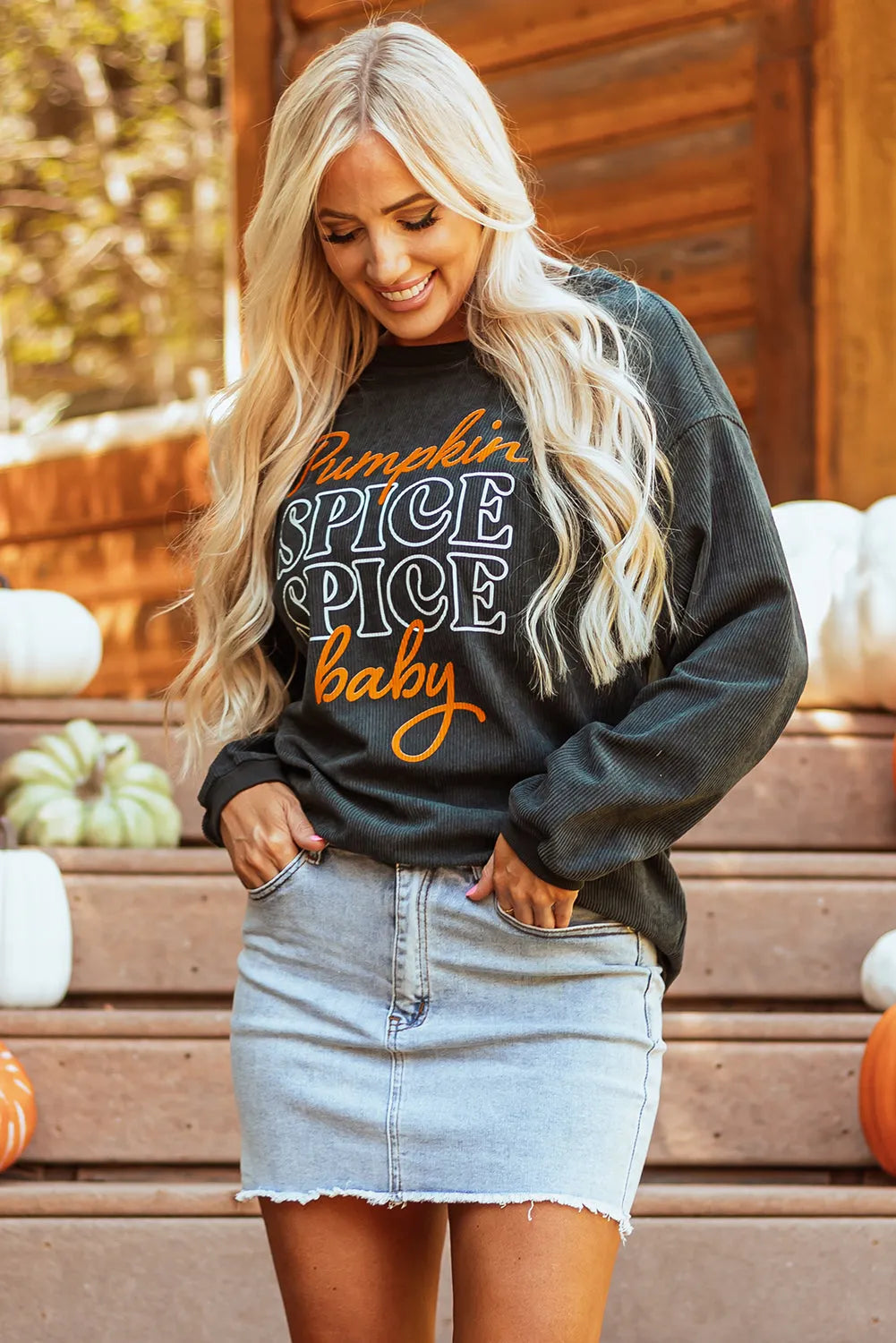 Dark Grey Halloween Pumpkin Spice Baby Graphic Textured Sweatshirt - Chic Meadow Boutique 