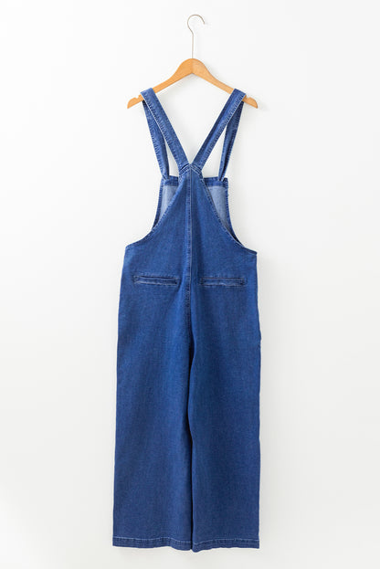 Prussian Blue Mineral Wash Knotted Strap Patched Pocket Wide Leg Denim Overalls