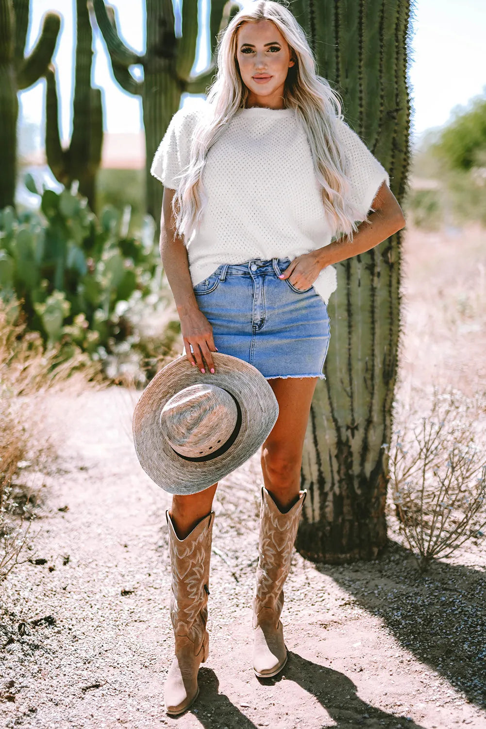 Tops/Short Sleeve Sweaters White Fuzzy Eyelet Knitted Sweater T-shirt