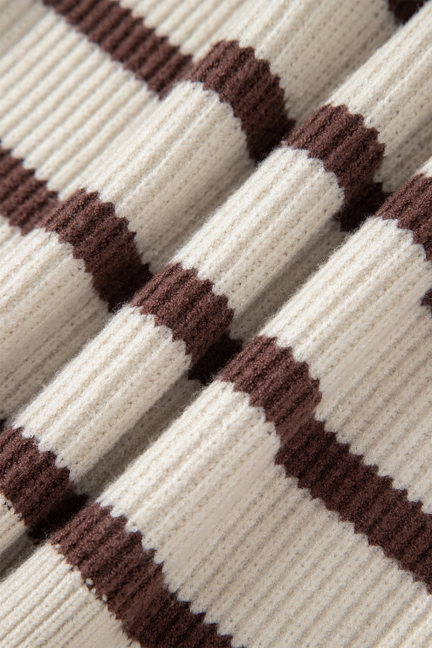 Brown Stripe Ribbed Henley Drop Shoulder Slouchy Sweater