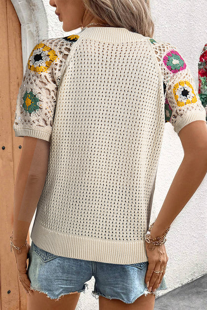 Apricot Hollow Out Floral Crochet Short Sleeve Crewneck Sweater