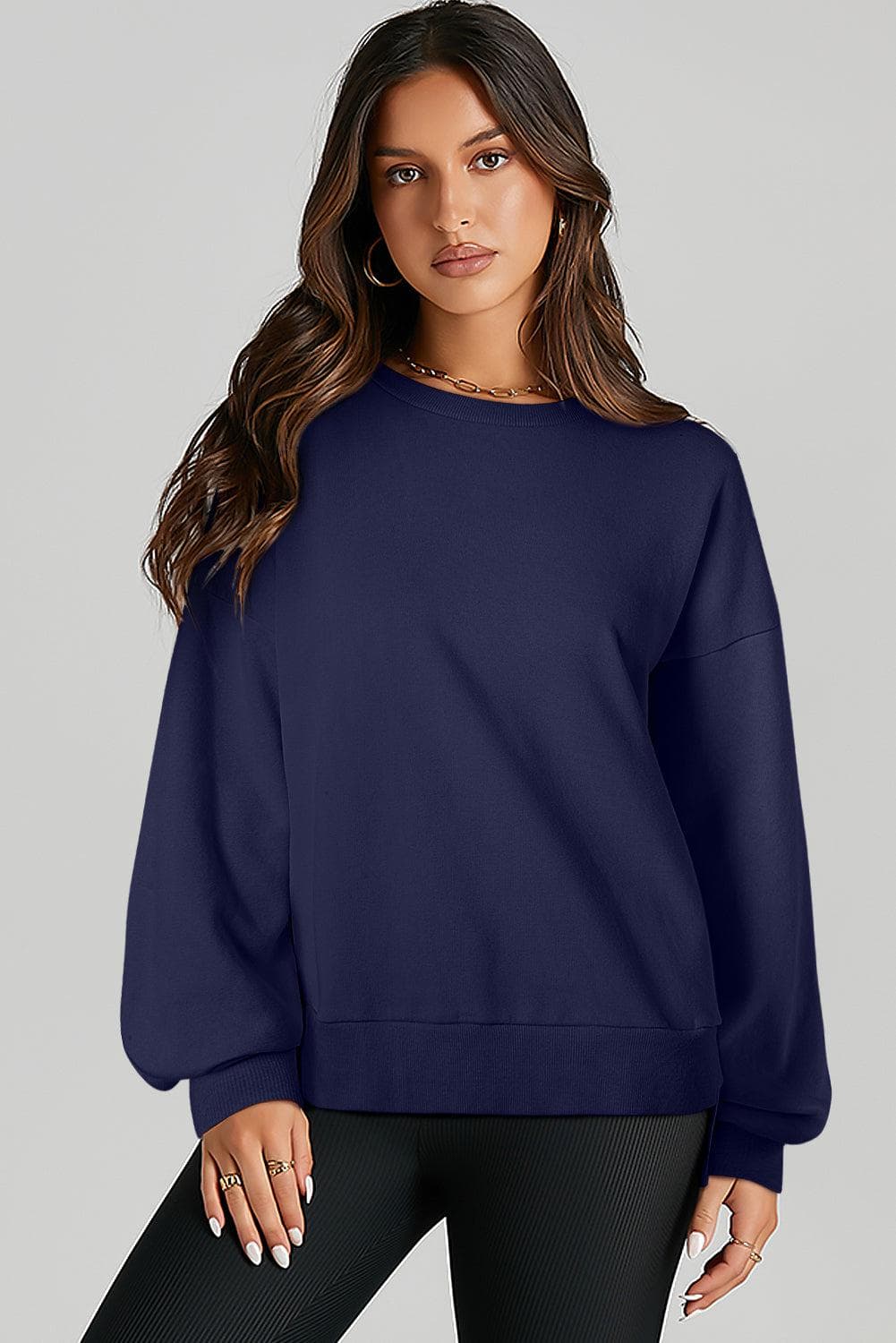 Tops/Sweatshirts & Hoodies Navy Blue Solid O Neck High Low Hem Pullover Sweatshirt