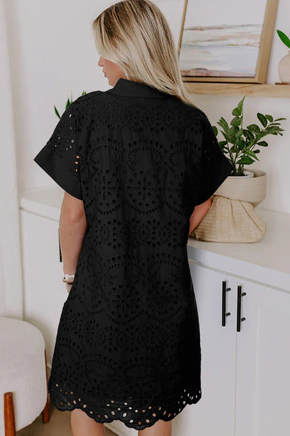 Black Solid Color Eyelet Embroidered T Shirt Mini Dress