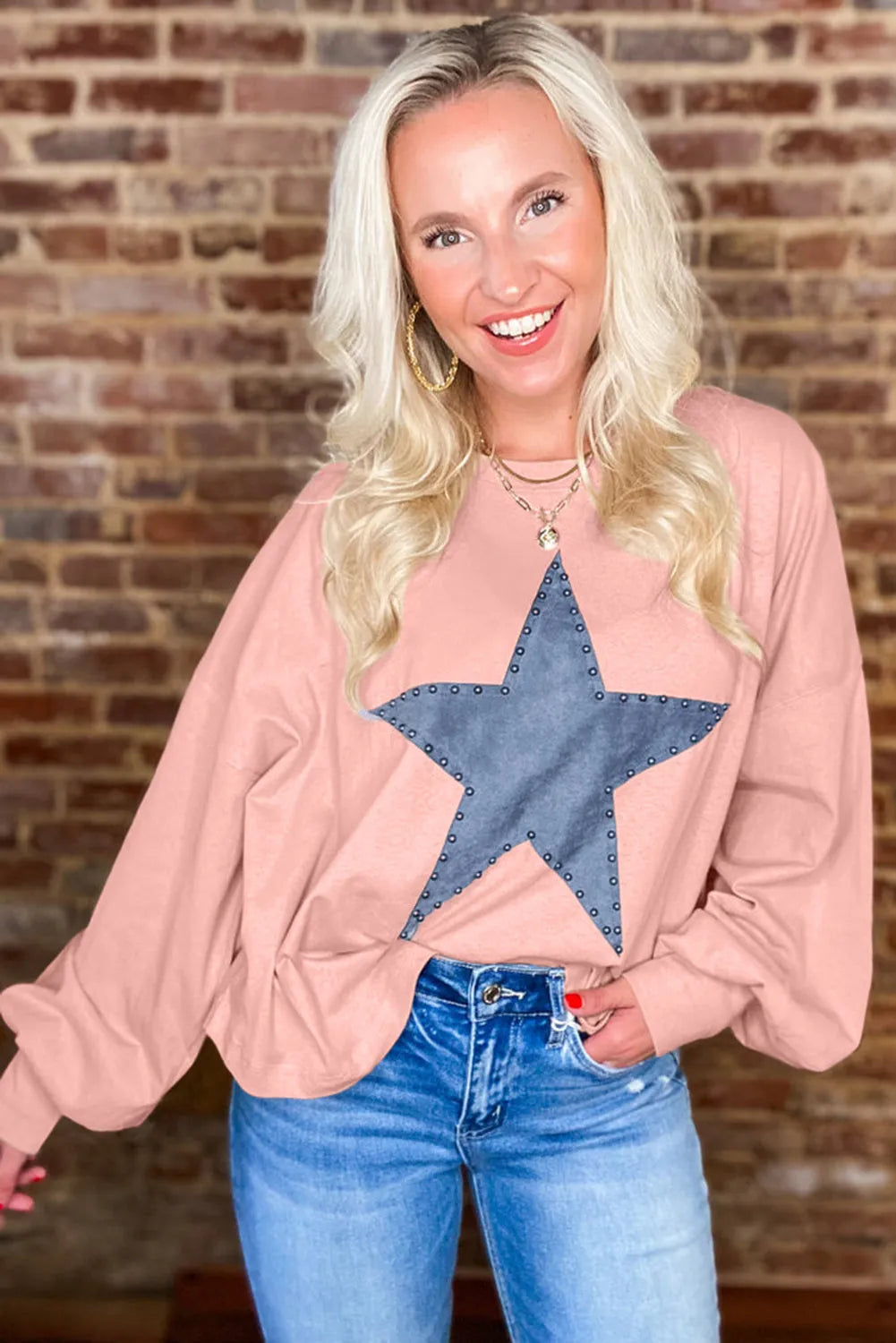 Gossamer Pink Studded Star Graphic Oversized Long Sleeve Top - Chic Meadow Boutique 