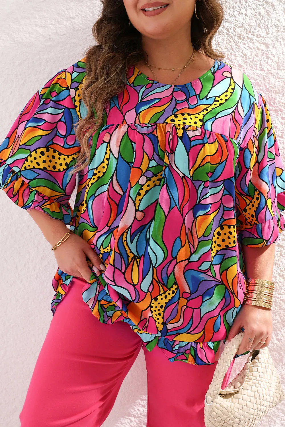 Rose Abstract Print Plus Size Frilly Trim Blouse - Chic Meadow Boutique 