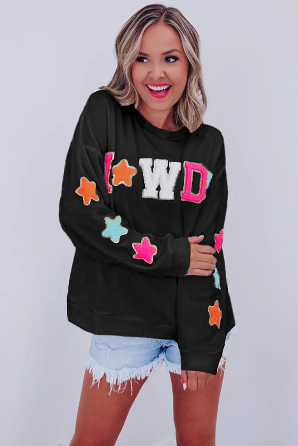 Black Howdy Glitter Chenille Patch Graphic Casual Sweatshirt - Chic Meadow Boutique 