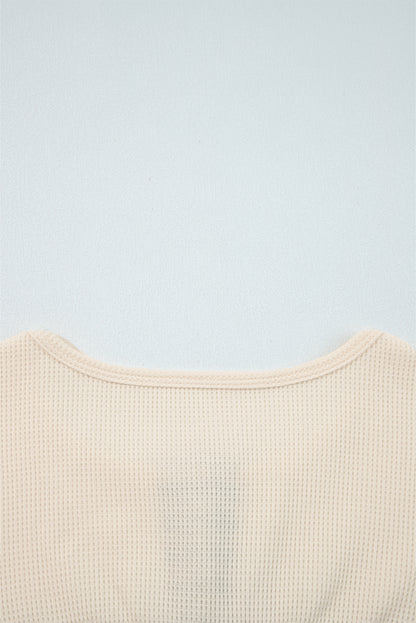 Beige Waffle Stripe Plaid Patchwork Henley Knit Top
