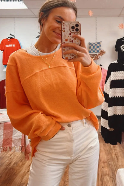 Tops/Long Sleeve Tops Grapefruit Orange Solid Color Textured High Low Long Sleeve Top